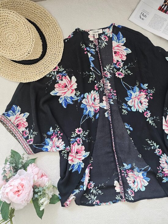 meraki Sweaters - Meraki Black Floral Boho Kimono Cardigan with Embroidered Trim Small